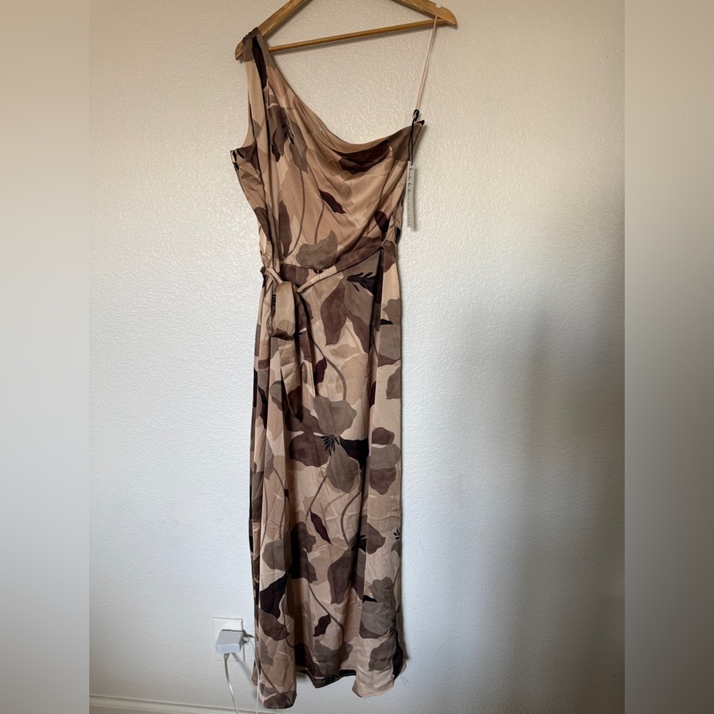 One Shoulder Satin Floral Evening Gown Maxi Dress Taupe Brown - XL